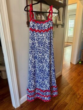 sundayup Blue and Red Ruffle-Trim Maxi Dress